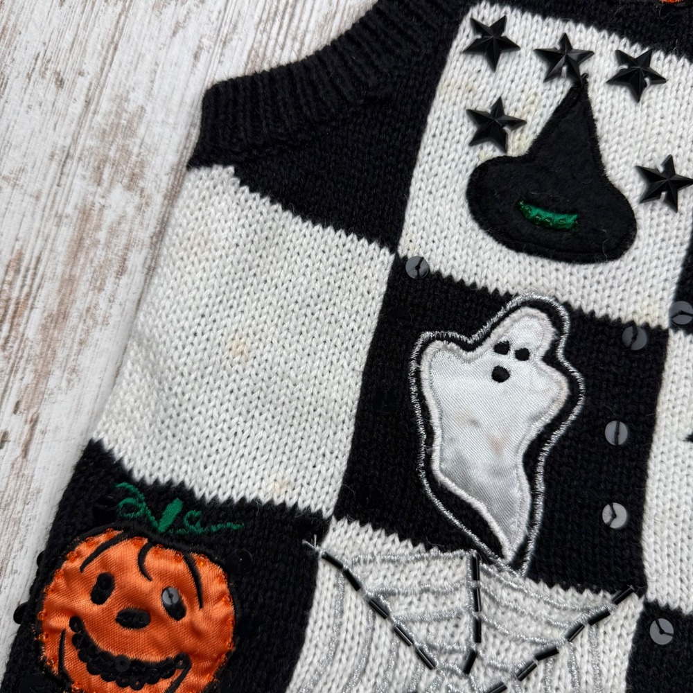 VTG Basic Editions Halloween Sweater Vest Medium Checkered Pumpkin Cat Teacher - Picture 4 of 9